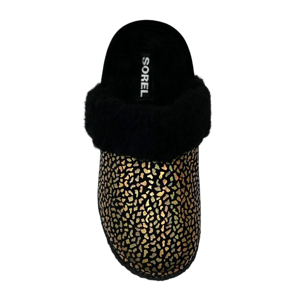 SOREL Nakiska Youth Girls Faux Fur Slippers Size 2 Black Gold Animal‎ Print Warm